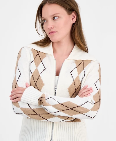 Ultra Flirt Juniors' Argyle Zip-Front Cardigan Sweater