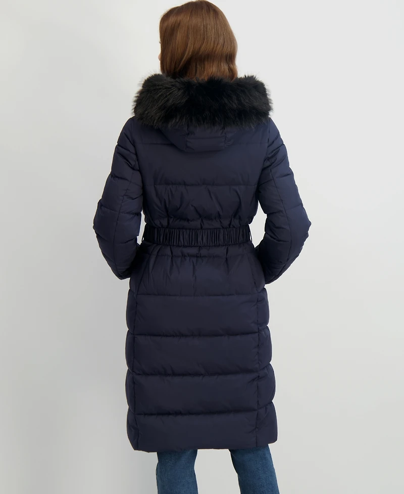 Tahari Women's Faux-Fur-Trim Hooded Belted Puffer Coat