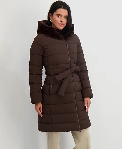 Tahari Women's Faux-Fur-Trim Hooded Belted Puffer Coat