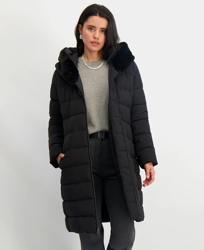 Tahari Women's Faux-Fur-Trim Hooded Belted Puffer Coat