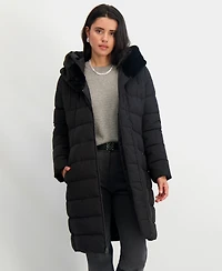 Tahari Women's Faux-Fur-Trim Hooded Belted Puffer Coat