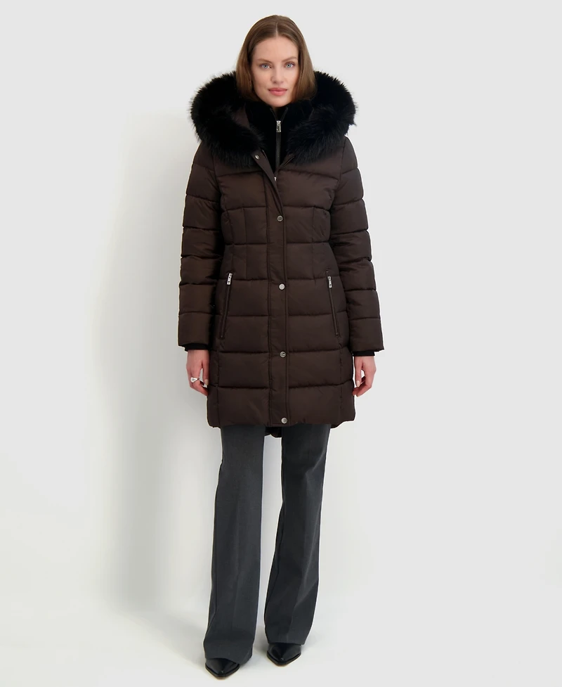 Tahari Womens Velvet Bibbed Faux-Fur Hooded Puffer Coat