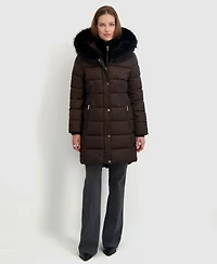 Tahari Womens Velvet Bibbed Faux-Fur Hooded Puffer Coat