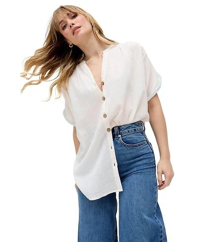 Raffya Women's Juneeta Crop Sleeve Button Down Shirt