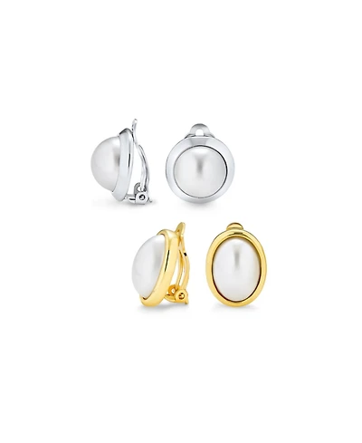 Bling Jewelry Set of 2 Simple White Pearl Cabochon Oval Clip-On Earrings Silver Gold Plated