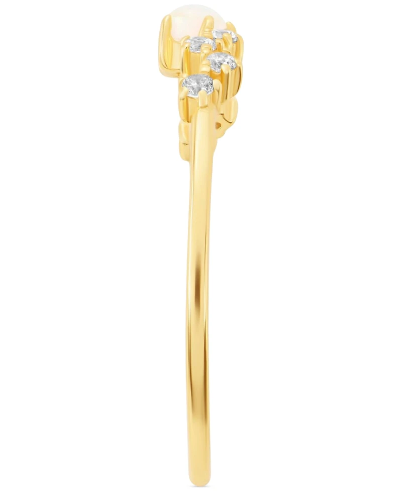 Simulated Opal (3mm) & Pave Wavy Accent Ring 18k Gold-Plated Sterling Silver