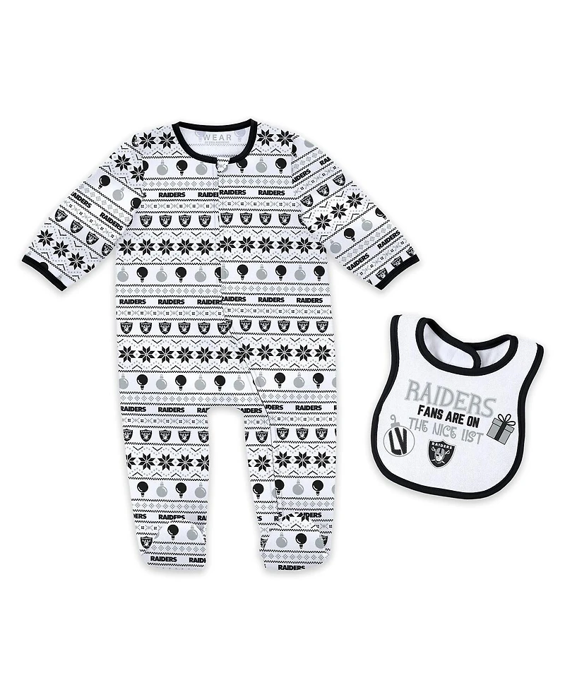 Wear by Erin Andrews Baby Boys and Girls Las Vegas Raiders Allover Print Full-Zip Sleeper with Bib Set