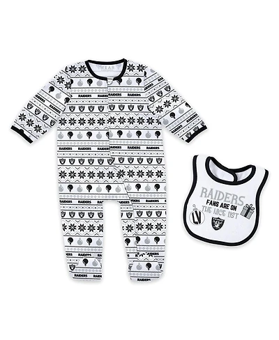 Wear by Erin Andrews Baby Boys and Girls Las Vegas Raiders Allover Print Full-Zip Sleeper with Bib Set
