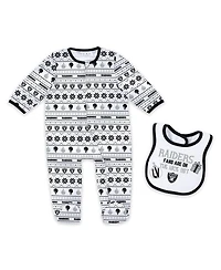 Wear by Erin Andrews Baby Boys and Girls Las Vegas Raiders Allover Print Full-Zip Sleeper with Bib Set
