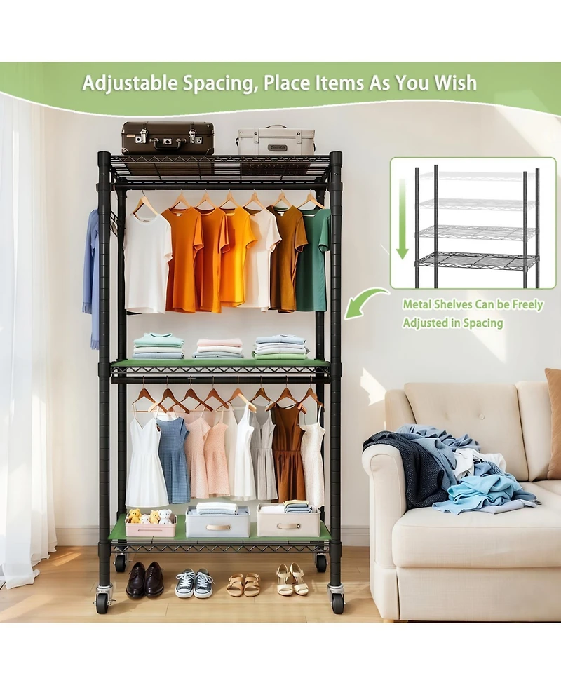 Streamdale Furniture Heavy Duty Rolling Clothes Rack with Shelves & Hooks