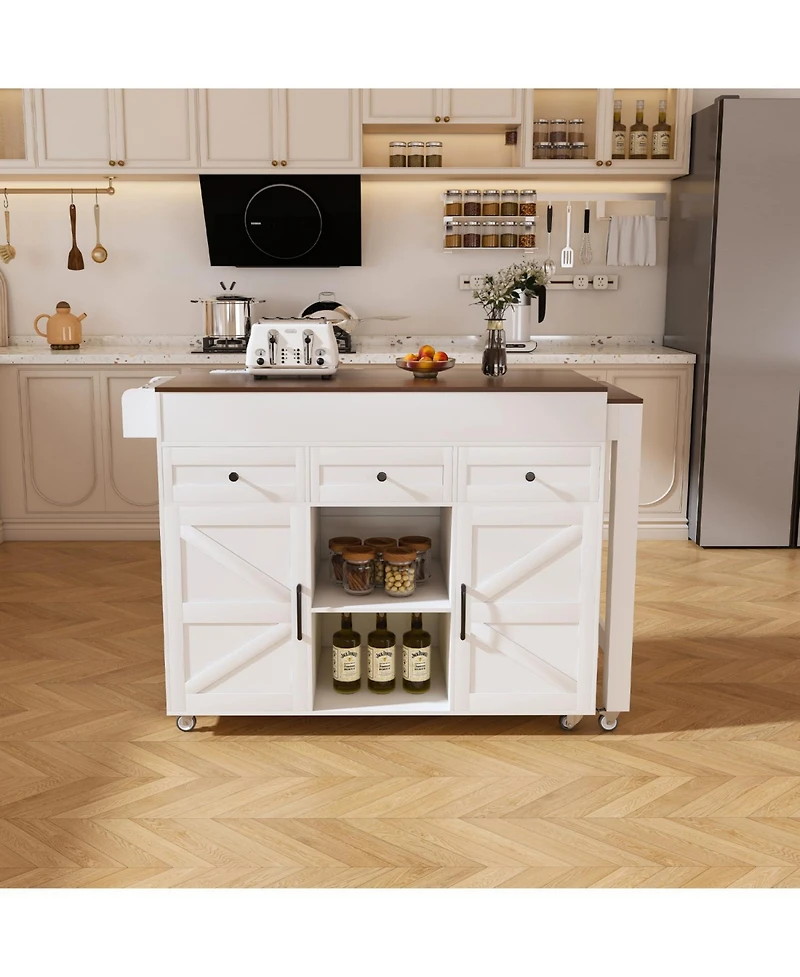 Streamdale Furniture 74.8" Kitchen Island w/ Extendable Table & Outlet - Rolling Cart White