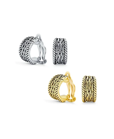 Bling Jewelry Set of 2 Grooved Rope Half Hoop Clip-On Earrings For Non-Pierced Gold Plated
