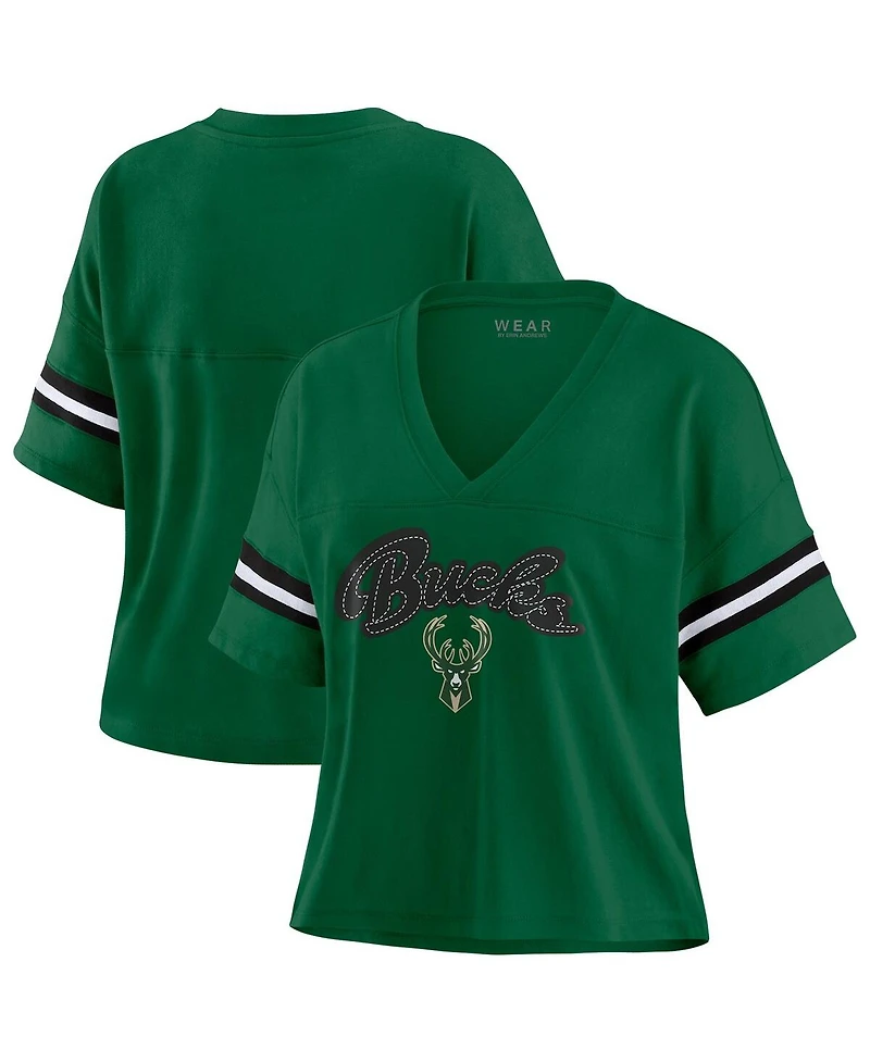 Wear by Erin Andrews Women's Hunter Green Milwaukee Bucks Color Block Boxy V-Neck T-Shirt