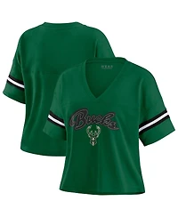 Wear by Erin Andrews Women's Hunter Green Milwaukee Bucks Color Block Boxy V-Neck T-Shirt