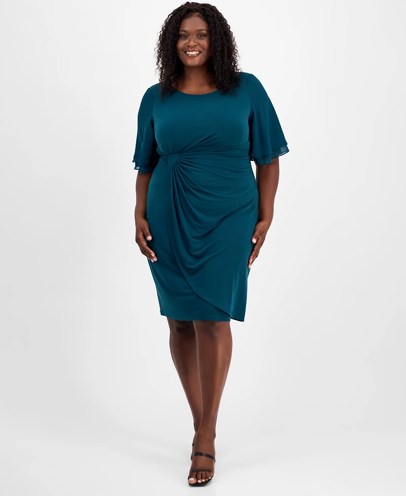 Connected Plus Draped Flutter-Sleeve Sheath Dress