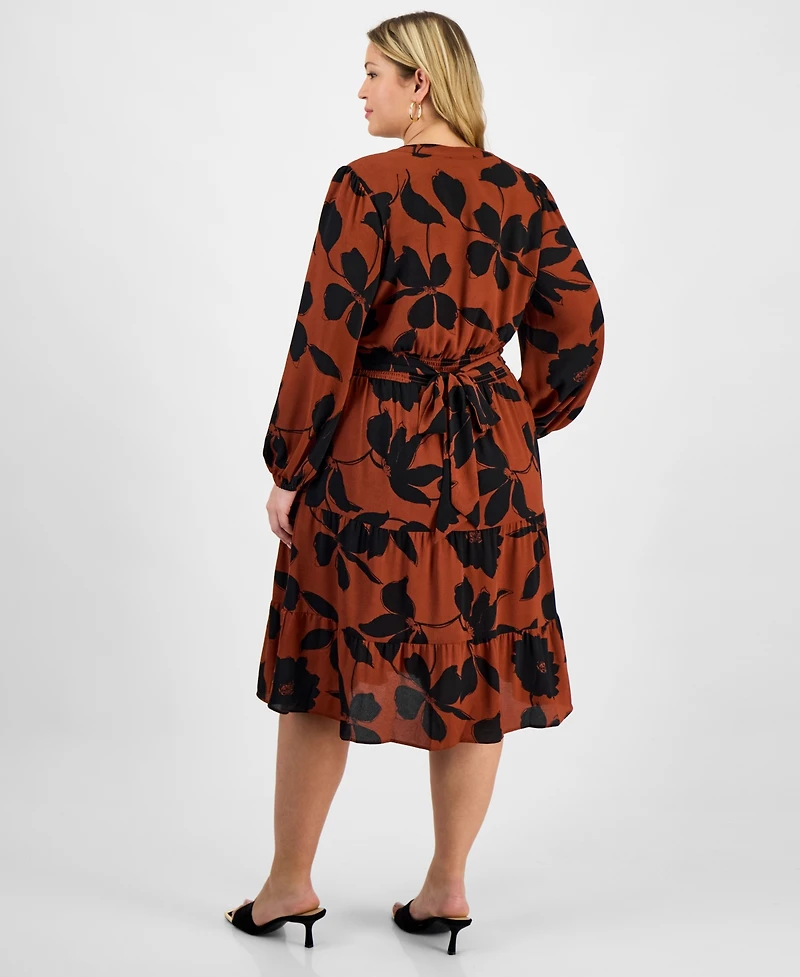 Robbie Bee Plus Printed Tie-Waist Tiered Long-Sleeve Dress