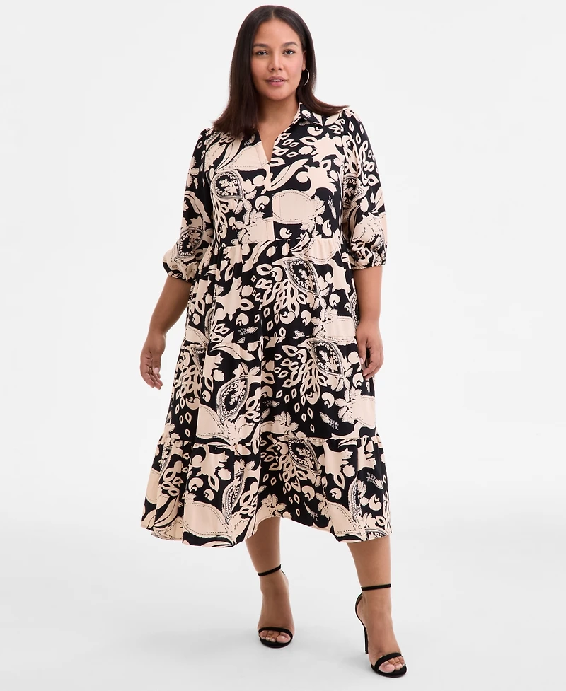 Sandra Darren Plus Printed Spread-Collar Midi Dress