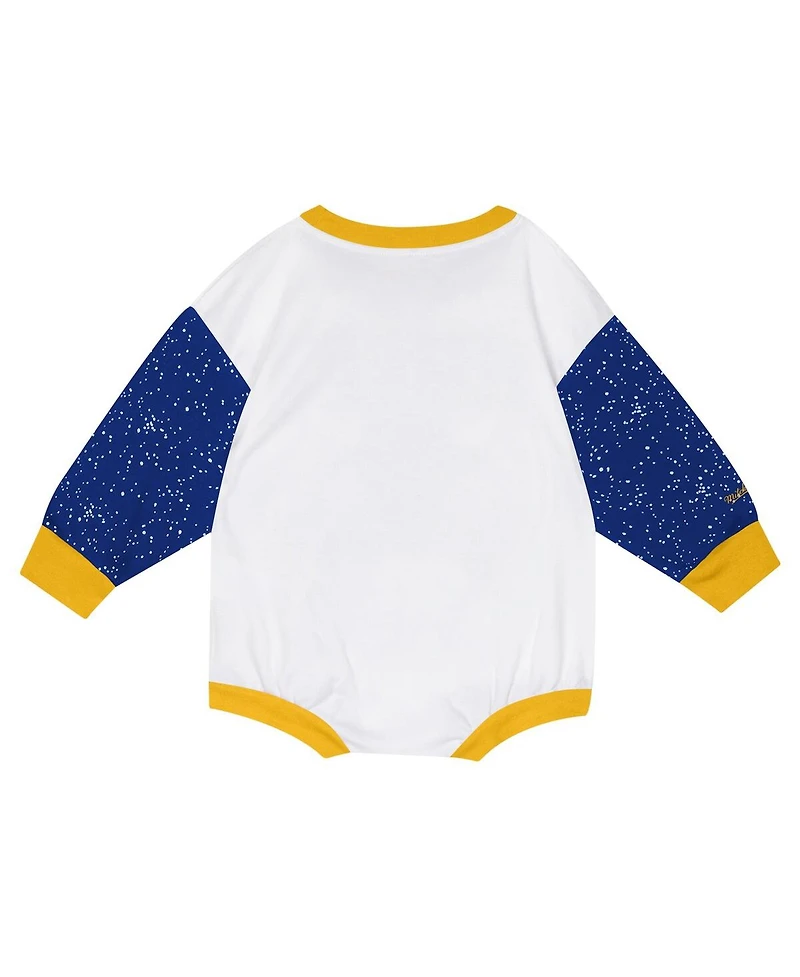Mitchell & Ness Baby Boys and Girls White Golden State Warriors Hardwood Classics Posterboard Oversize Long Sleeve Bodysuit