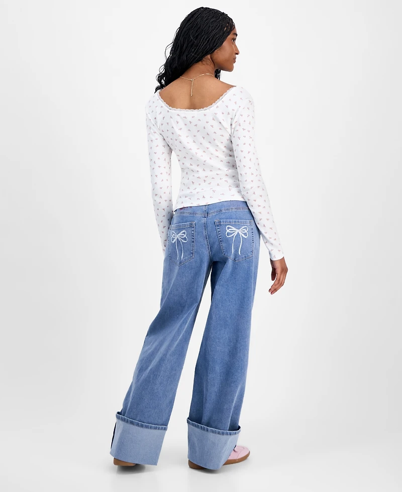Madden Girl Juniors' High-Rise Cuffed Bow-Embroidery Jeans