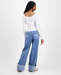 Madden Girl Juniors' High-Rise Cuffed Bow-Embroidery Jeans