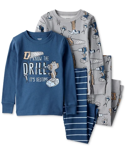 Carter's Toddler Boys Construction-Print 100% Cotton Long-Sleeve Snug-Fit 4-Piece Pajamas