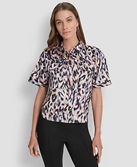 Dkny Women's Printed Flap Pocket Camp Shirt