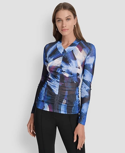 Dkny Women's Printed V-Neck Ruched Top