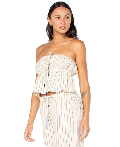 Roxy Juniors' Iyla Striped Tie-Front Drawstring-Waist Cropped Top