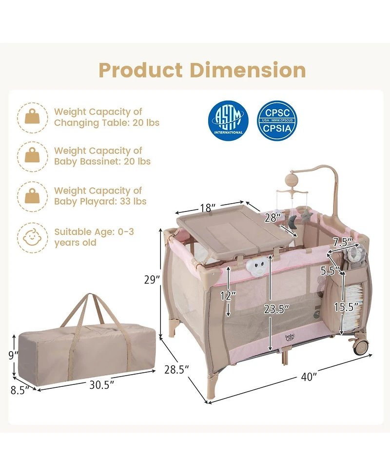 Costway Kids Portable Playard Nursery Center Crib with Hanging Toys & Music Box Unisex 0-3 Years