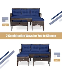 Gymax Set of 3 3-Seat Sofa Cushioned Table Rattan Furniture Garden Patio