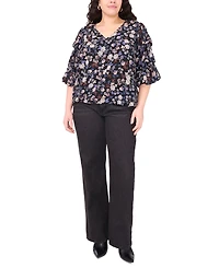 Vince Camuto Women's Plus Printed V-Neck Bubble Sleeve Top