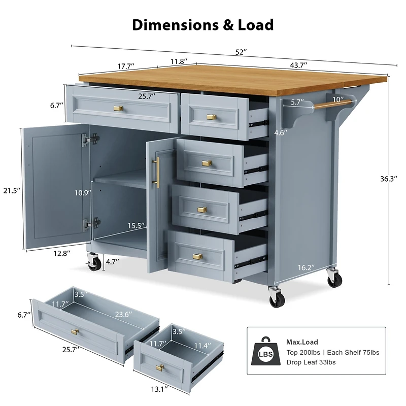 Casainc 52" Rolling Kitchen Island with Drop Leaf, Spice Rack, Towel 2 Doors, 5 Drawers, Adjustable Shelf (No Stools)