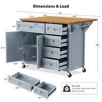 Casainc 52" Rolling Kitchen Island with Drop Leaf, Spice Rack, Towel 2 Doors, 5 Drawers, Adjustable Shelf (No Stools)
