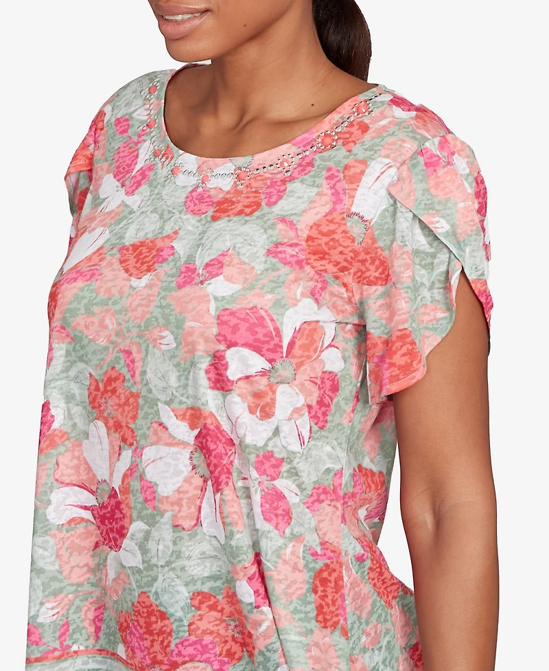 Ruby Rd. Petite Floral Striped Border Flutter Sleeve Top