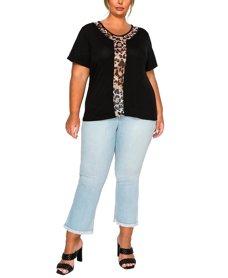 Coin 1804 Plus Leopard Print Mesh Inset Short Sleeve Top