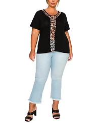 Coin 1804 Plus Leopard Print Mesh Inset Short Sleeve Top