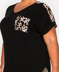 Coin 1804 Plus Leopard Print Mesh Pocket Shoulder Rolled Sleeve Top