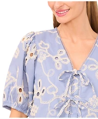 CeCe Women's Short Sleeve Open Tie Front Embroidered Top