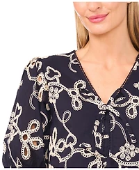 CeCe Women's Short Sleeve Open Tie Front Embroidered Top