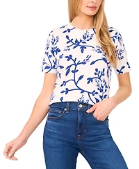 CeCe Women's Printed Vines Short Sleeve Sweater