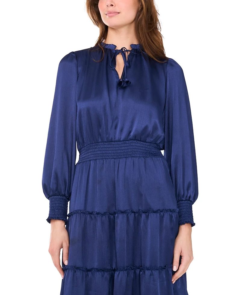 Msk Women's Long-Sleeve Tie-Neck Smocked-Waist Tiered Maxi Dress