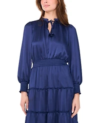 Msk Women's Long-Sleeve Tie-Neck Smocked-Waist Tiered Maxi Dress
