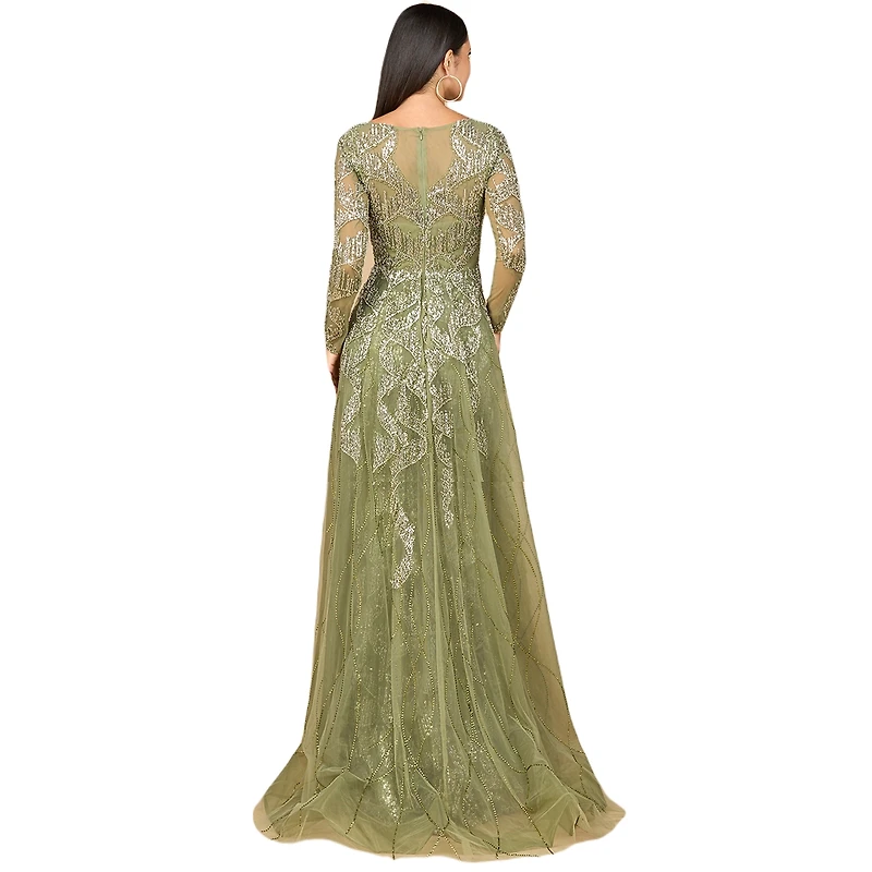Lara Women's Long Sleeve Gown with Overskirt & High Neck