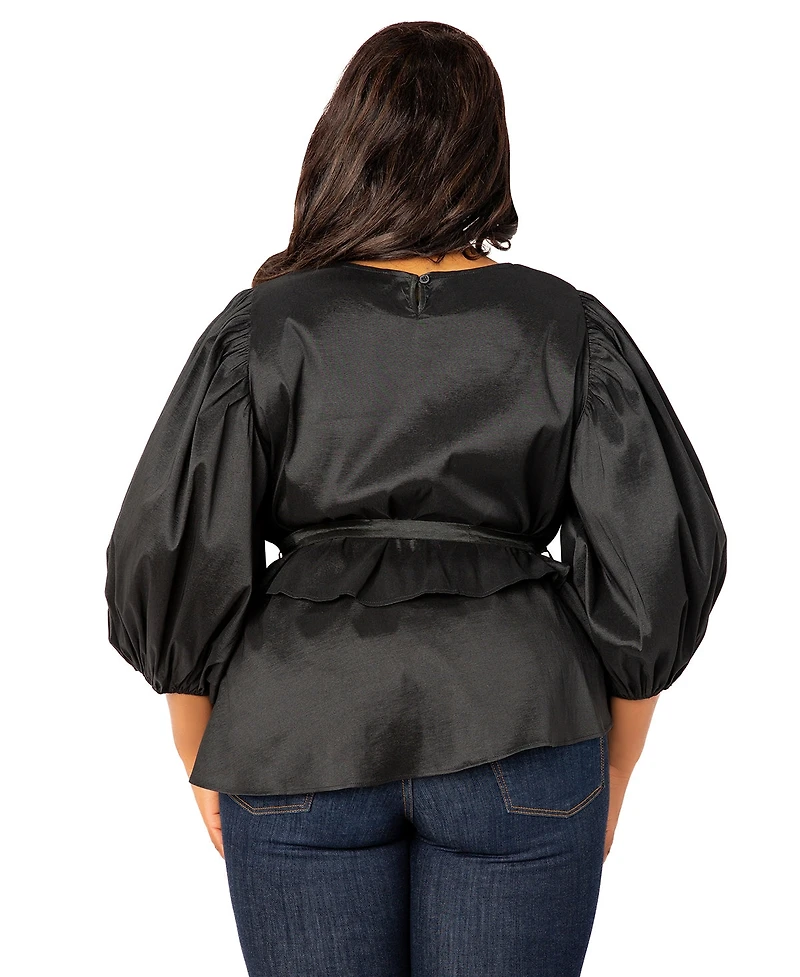 Buxom Couture Women's Tie Waist Voluminous Sleeve Blouse