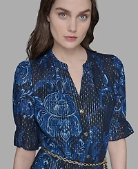 Karl Lagerfeld Paris Petite Printed Belted Fit & Flare Dress