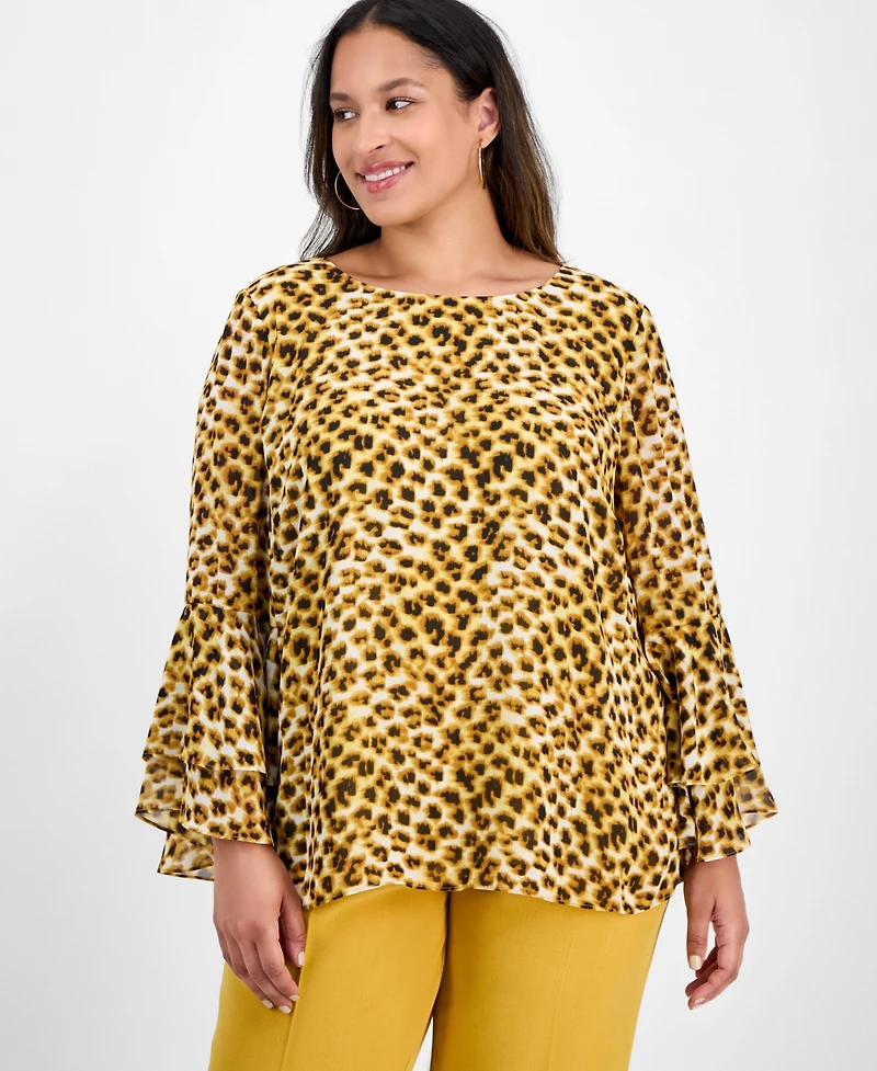 Kasper Plus Tiered Ruffle-Sleeve Printed Blouse