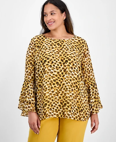 Kasper Plus Tiered Ruffle-Sleeve Printed Blouse