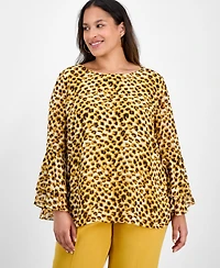 Kasper Plus Tiered Ruffle-Sleeve Printed Blouse