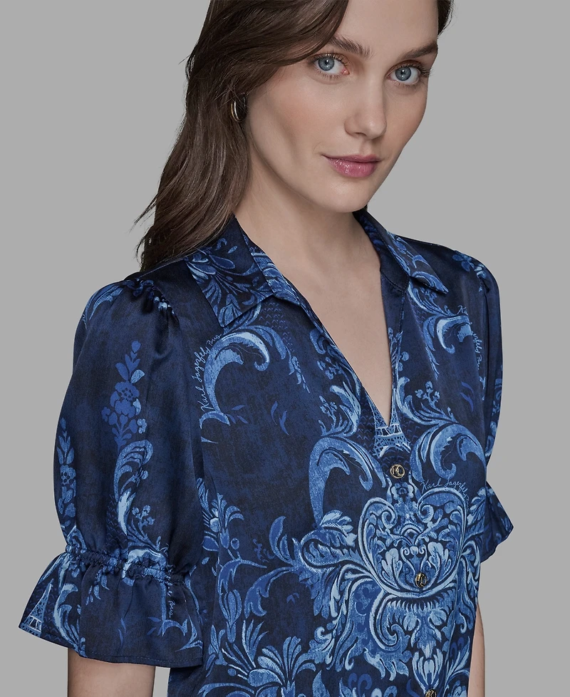 Karl Lagerfeld Paris Petite Printed Puff-Sleeve Button-Front Shirt