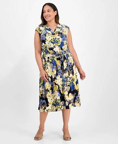 Kasper Plus Floral Print Cowlneck Dress